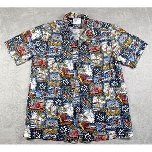 Vintage Naniloa Men's Surfer + Hula Girls Print Hawaiian Shirt Blue Size XL